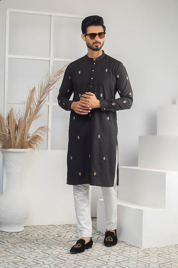 Black & White Color Gold Embroidered Kurta Pajama For Men